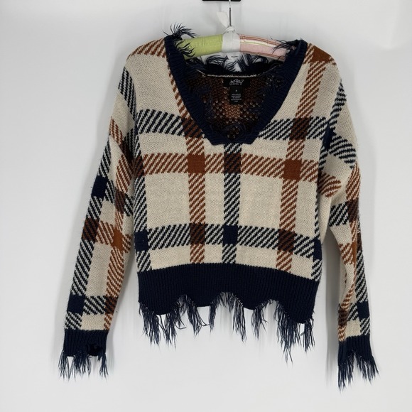 just polly Sweaters - Just Polly New York Cream Navy Plaid Distressed Frayed Cropped Sweater Small